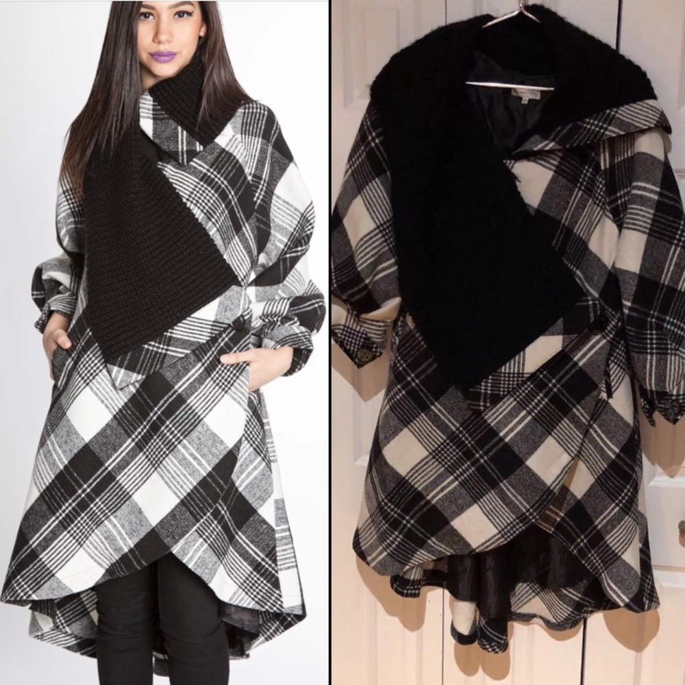 PATRIZIA LUCA plaid check Knit Collar Wool Coat